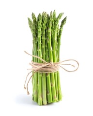 Bundled Fresh Green Asparagus Spears Arranged Upright on White Background