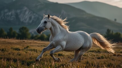 Fototapeta premium A white horse runs through a field with mountains in the background, bathed in the golden light of the setting sun. Its mane and tail flow behind it, a picture of freedom and beauty.