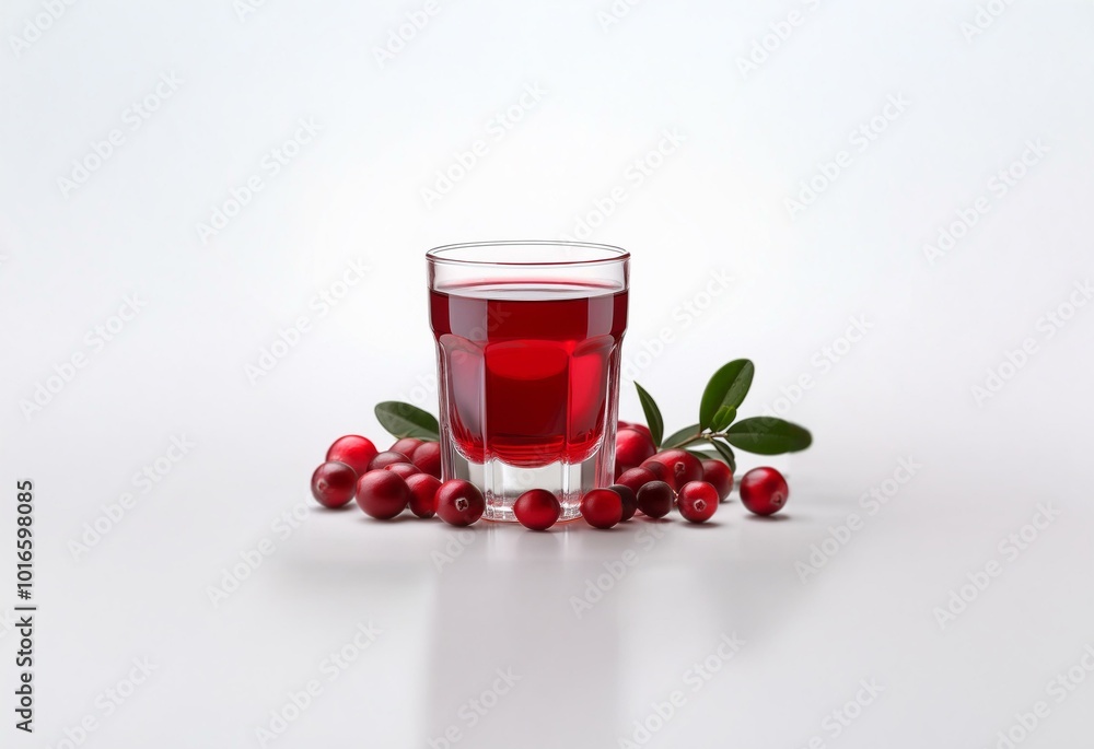 Aufkleber Glass of red juice with cranberries around it on a white surface.