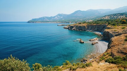 Fototapeta premium Coastal view of the European sea, no people, with copy space for travel and adventure-related content