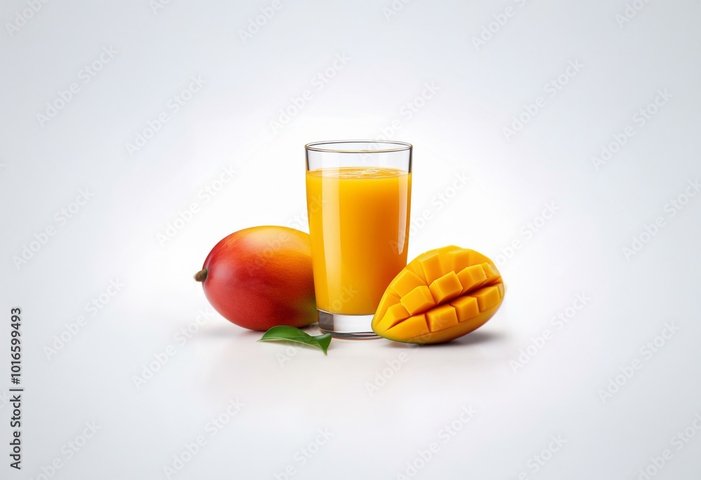 Poster a glass of mango juice with a whole mango and a sliced mango on a white background.