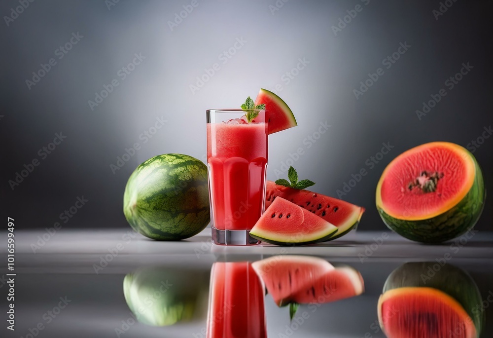 Poster a tall glass filled with watermelon juice and ice sits on a white table with watermelon slices besid