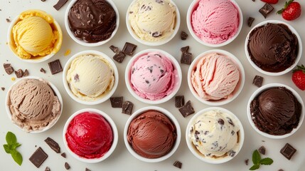 A colorful assortment of ice cream scoops in bowls, surrounded by chocolate pieces and strawberries, inviting indulgence.
