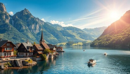 A tourist village nestled along a river surrounded by towering mountains.
