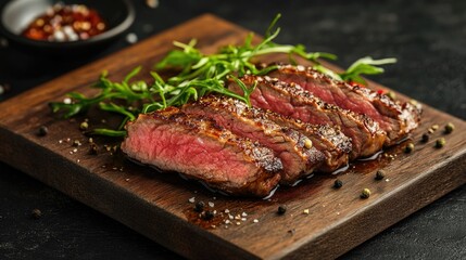 A medium-rare sliced steak with a crispy outside and juicy inside, placed on a cutting board with a solid background.