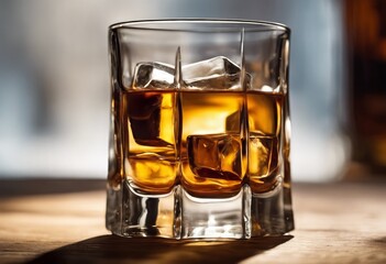 Transparent glass goblet of whiskey on the table. Alcoholic drink, bar, bartender