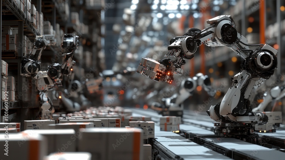 Poster a robotic automation system in a warehouse efficiently handling packages.