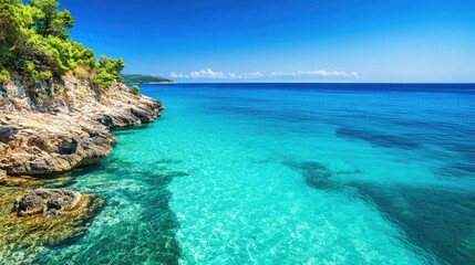 Fototapeta premium European coastline with turquoise waters, no people, and copy space for travel blogs or ads