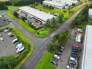 Aerial View of Industrial Estate at Livingston Town of Scotland United Kingdom. Footage Captured During Rainy and Cloudy Day with Drone's Camera on August 29th, 2024
