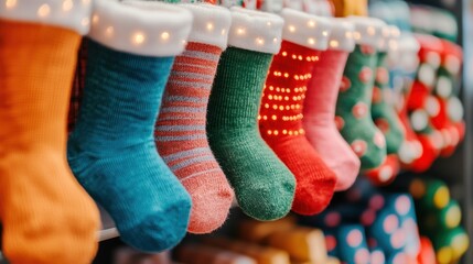 Colorful festive socks hanging in a row, creating a cheerful holiday atmosphere.