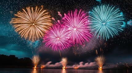 Obraz premium Colorful fireworks display over a lake at night, creating a festive ambiance.