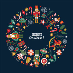 Christmas wreath with cute motifs from the ballet Nutcracker. Vector template. Retro design.