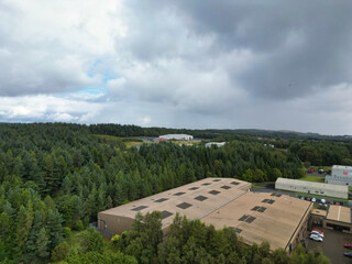Aerial View of Industrial Estate at Livingston Town of Scotland United Kingdom. Footage Captured During Rainy and Cloudy Day with Drone's Camera on August 29th, 2024