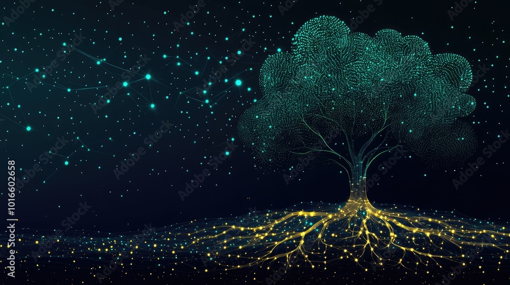 Poster illuminated tree with roots and starry background