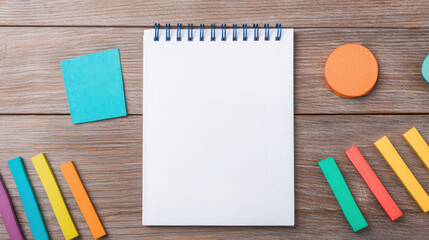 Colorful stationery items arranged around a notepad featuring an abstract design.