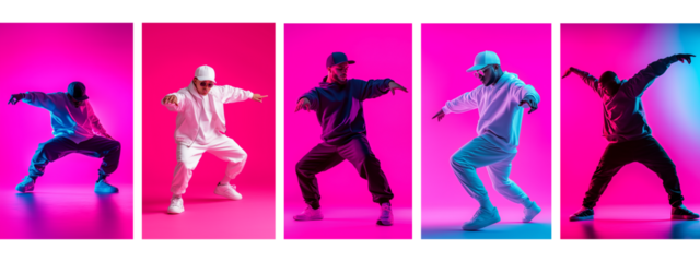 group of people silhouettes while dancing hip-hop; bright cheerful pink neon background for music, events, dancing studio with cool men dancers