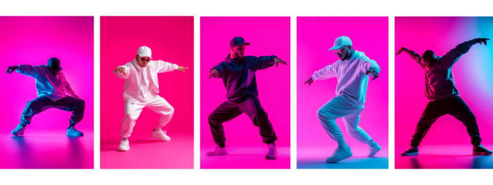 group of people silhouettes while dancing hip-hop; bright cheerful pink neon background for music, events, dancing studio with cool men dancers