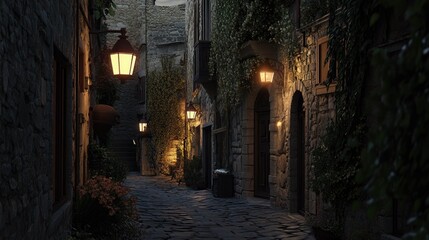 Fototapeta premium A narrow European alley lit by old-fashioned streetlights, highlighting the stone walls and quiet ambiance.