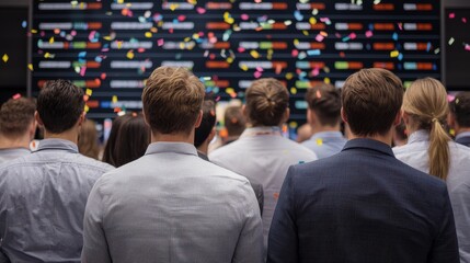 Crowd of people at a conference with colorful confetti falling against a modern backdrop.
