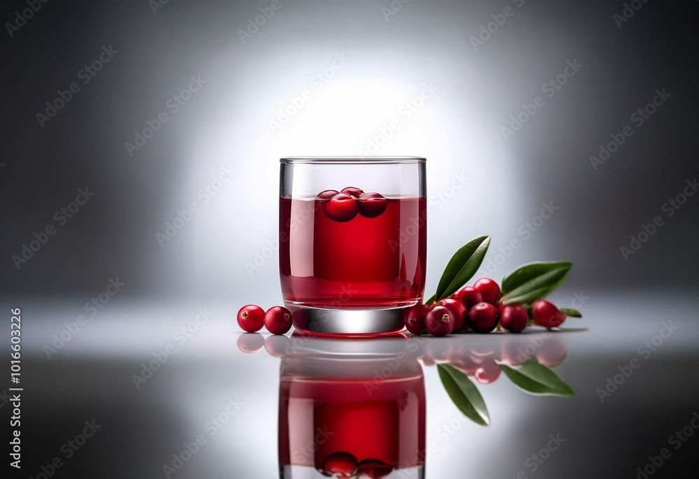 Poster a glass of red juice with cranberries floating on top, surrounded by scattered cranberries and green