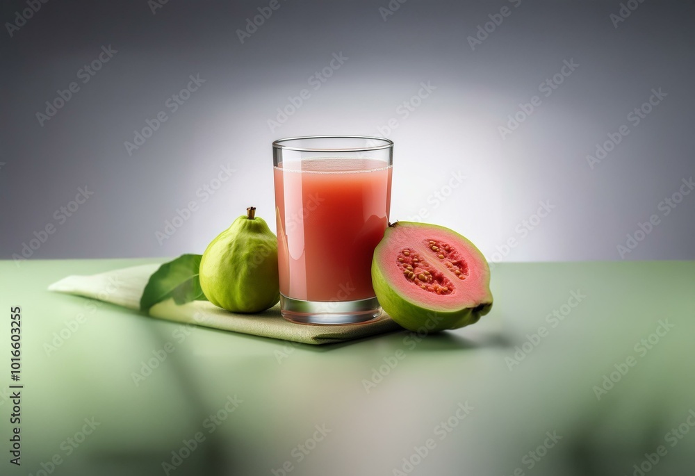 Poster a glass of guava juice with a whole guava and a half of a guava on a green table.