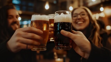 A group of friends raising their glasses of beer in a lively pub, toasting to good times.