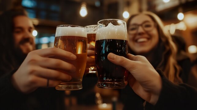 A group of friends raising their glasses of beer in a lively pub, toasting to good times.