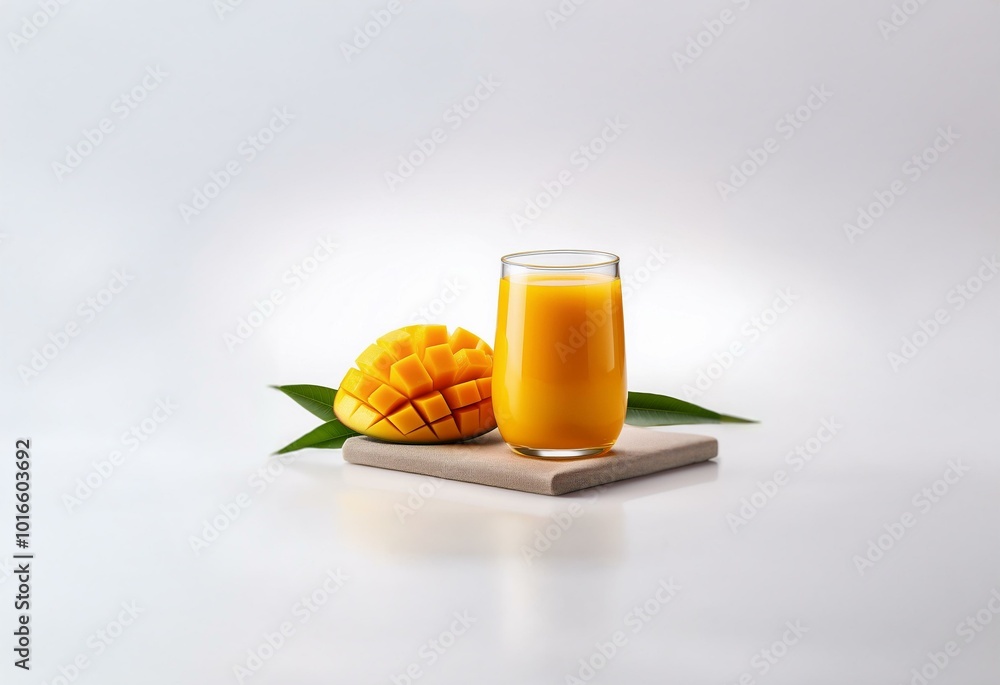 Poster a glass of mango juice and a sliced mango on a light brown surface.