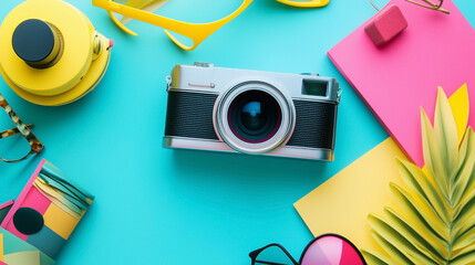 A camera is on a table with other items