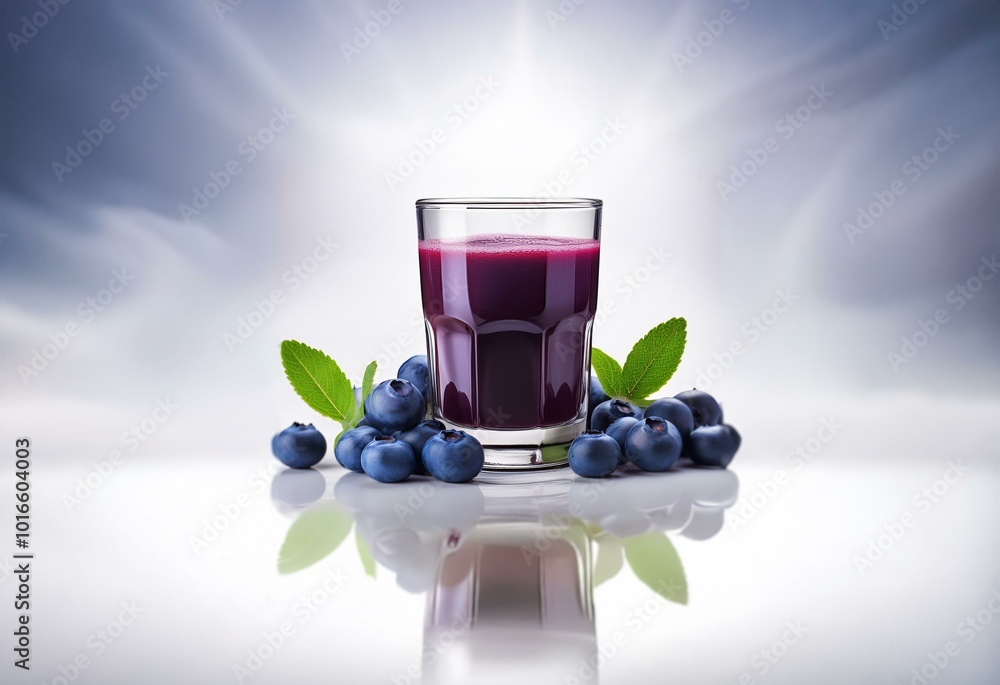 Aufkleber a glass of purple juice sits on a white surface with several blueberries and green leaves in front o