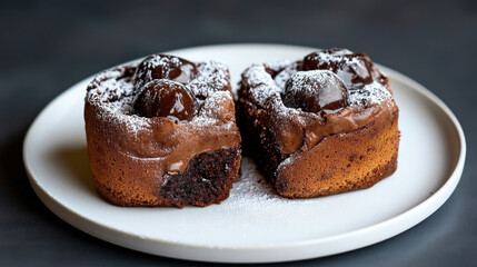 Two chocolate cherry cakes topped with powdered sugar on a white plate, featuring rich, moist textures and vibrant dark cherries.