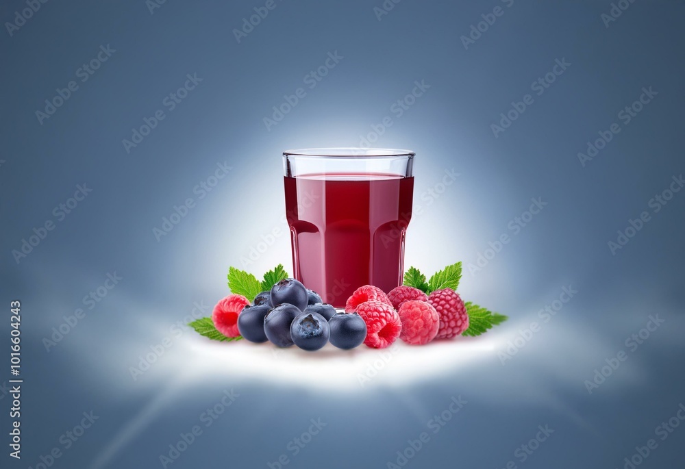 Poster a glass of red juice sits in front of blueberries and raspberries on a light blue background.