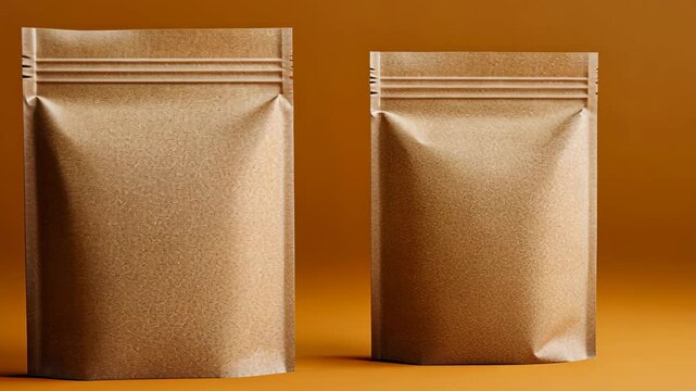 Two brown paper pouches are shown on an orange background