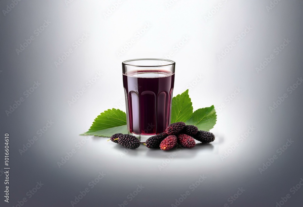 Aufkleber a glass of dark red juice with a few mulberries and leaves around it on a light gray background.