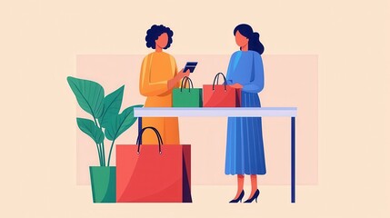 Fototapeta premium Two women engage in a shopping conversation, surrounded by vibrant shopping bags and a potted plant, highlighting a lively retail atmosphere.
