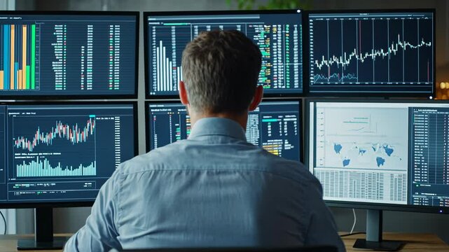 A trader sits in front of multiple monitors displaying financial charts and data