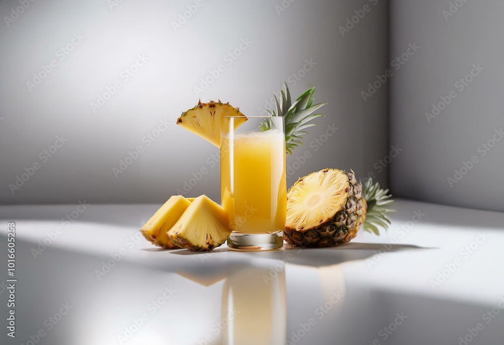 Poster a glass of pineapple juice sits on a white surface next to a halved pineapple and a few pineapple sl