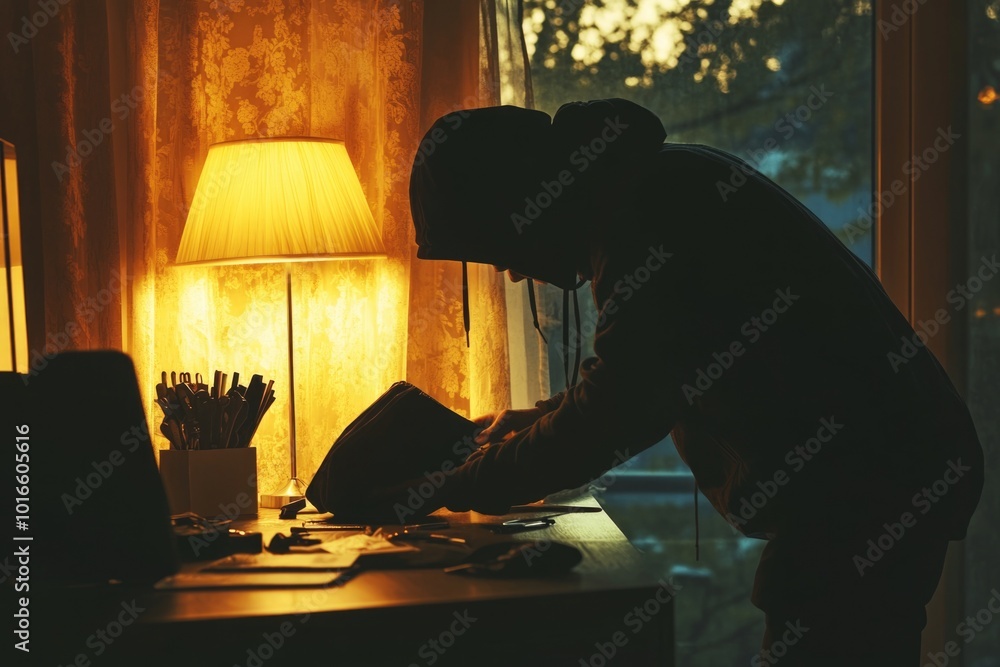 Aufkleber a person stands in front of a desk with a lamp, ready to work or study.