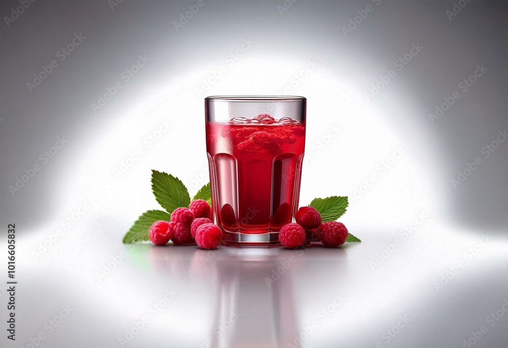 Aufkleber a glass of raspberry juice with fresh raspberries and leaves on a white surface.