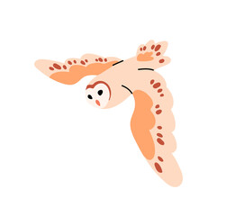 Polar or Barn owl icon. Cute owlet with feathered wings flies. Flying bird of prey. Forest night hunter, predator. Wild animal of woodland. Flat isolated vector illustration on white background