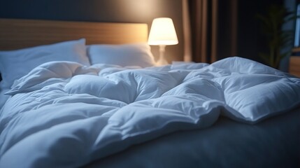 Cozy Bedroom with White Bedding and Warm Light