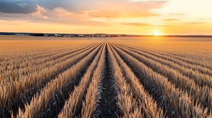 Golden wheat field at sunset with dramatic sky and horizon line of trees and distant buildings. The well-aligned wheat rows create a pattern leading towards the horizon.