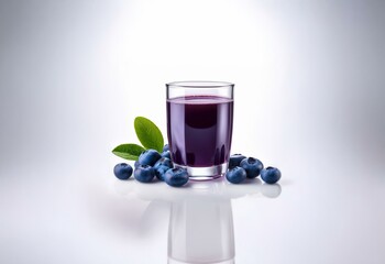 A glass of purple juice with blueberries and leaves in front of it, on a white surface.