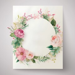 Watercolor floral wreath with blank circle for text.