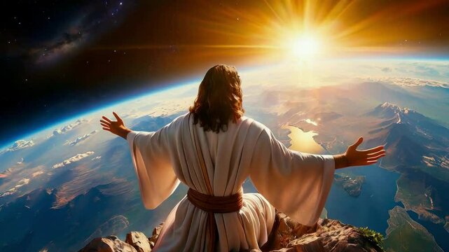 Jesus Christ guarding planet earth, watching from above