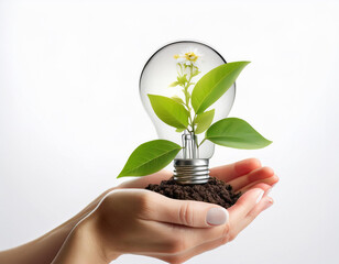Concepto de ahorro energetico con unas manos sosteniendo una planta verde y una bombilla