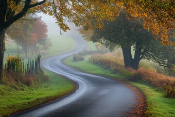 Obraz premium A winding road amidst fog and mist in a rural setting.