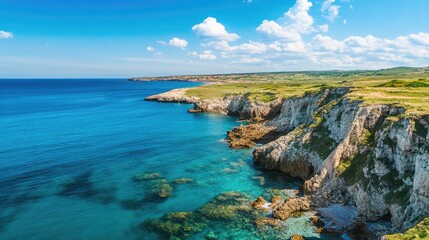 Top view of the European coastline with blue sea, no people, ample copy space for travel content