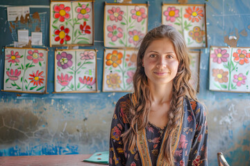 Young female teacher smiling in a colourful classroom for world teachers day