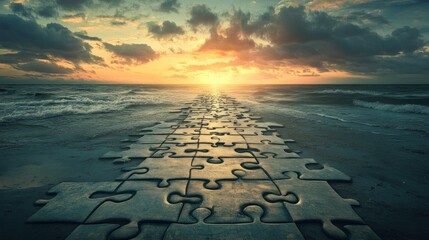 A path made of jigsaw puzzle pieces leads into a bright horizon, symbolizing piecing together a new future.